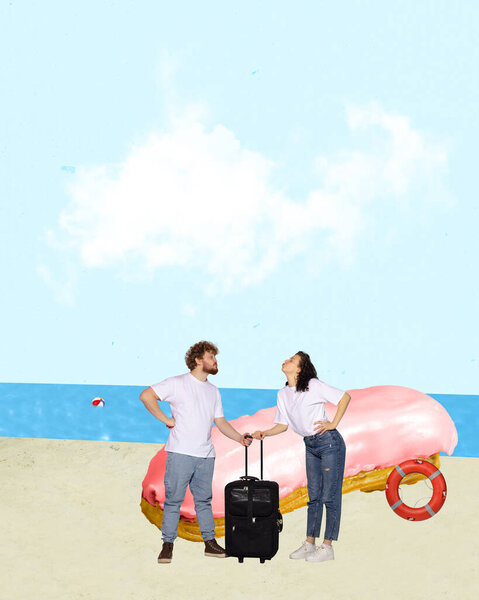 Happy couple on summer vacation, standing on beach. Romantic summer trip. Fantasy, dreams. Contemporary art collage. Creative design. Concept of travelling, creativity, inspiration