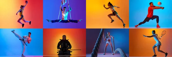 Collage Verschiedene Sportarten Basketball Volleyball Kampfsport Akrobat Tennisathleten Bewegung Vor — Stockfoto