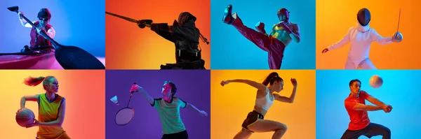 在霓虹灯下 由不同年龄 不同性别的人在五颜六色的背景下做不同运动的学院 动作和运动 游戏的概念 — 图库照片
