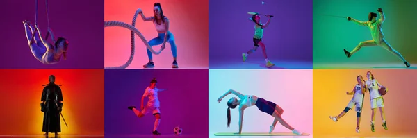 コラージュ ネオンの光の中で多色の背景を背景に様々なスポーツをして 異なる人々 男性と女性の制服の訓練で スポーツ アクションと運動 ゲームの概念 — ストック写真