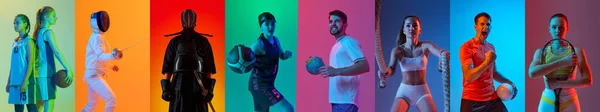在霓虹灯下 由不同运动型 穿着制服 做各种运动 在五彩斑斓的背景下摆姿势的人组成的学院 动作和运动 游戏的概念 — 图库照片
