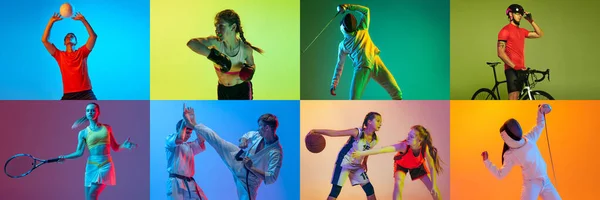 Collage Hecho Diferentes Personas Movimiento Entrenamiento Haciendo Varios Tipos Deportes — Foto de Stock