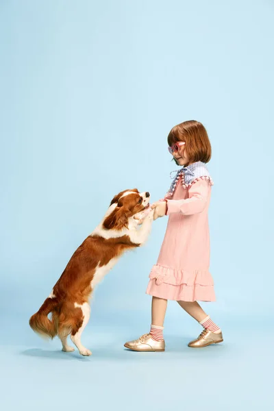 Pełnowymiarowy Portret Dziewczynki Dziecko Uroczej Różowej Sukience Tańczące Uroczym Psem — Zdjęcie stockowe