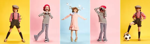Collage Aus Ganzkörperporträts Eines Kleinen Schönen Mädchens Das Verschiedenen Kleidern — Stockfoto