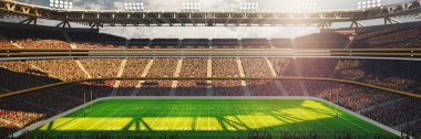 Amerikan futbol stadyumunun 3 boyutlu görüntüsü. Sarı kale direği, çim sahası ve gündüz vakti oyun sahasındaki bulanık taraftarlar. Spor, futbol, şampiyonluk, oyun alanı kavramı