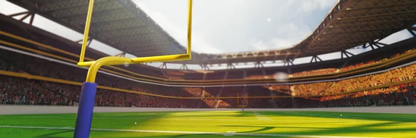 黄色のゴールポスト 芝生のフィールドと背景にぼやけたファンを持つアメリカのサッカースタジアムの3Dレンダリングイメージ アウトドアスポーツ アクティビティ サッカー チャンピオンシップ ゲームスペースの概念 — ストック写真