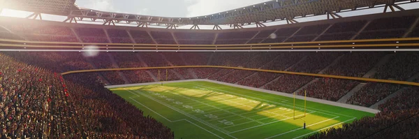 黄色のゴールポスト 芝生のフィールドと遊び場のビューでぼやけたファンを持つアメリカのサッカーアリーナのトップビューイメージ 3Dレンダリング アウトドアスポーツ サッカー チャンピオンシップ ゲームスペースの概念 — ストック写真