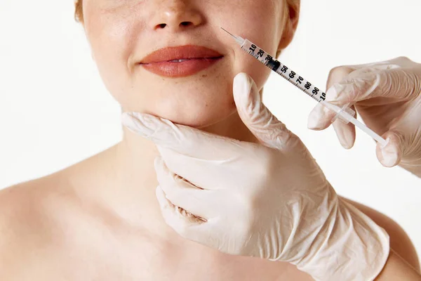 Wrinkles Care Cropped Image Female Face Syringe Making Beauty Filler — Stock Photo, Image