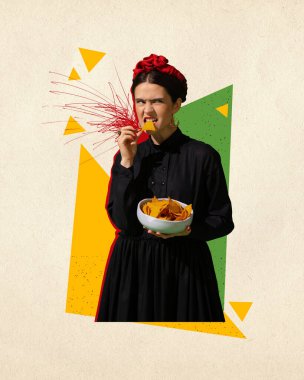 Çağdaş sanat kolajı. Ünlü ressam Frida Kahlo 'nun resimli naçosu olan genç bir kadın pastel arka planda renkli elementlerle ressam. Dönemlerin karşılaştırılması, yaratıcılık, beslenme