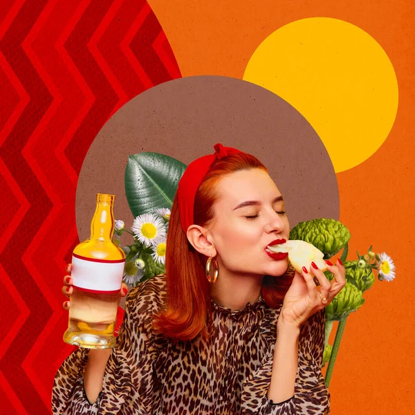 当代艺术拼贴 美丽的红头发女人与伏特加共进晚餐 在明亮抽象的背景下吃洋葱 创意多彩的设计 食品流行艺术 灵感的概念 — 图库照片