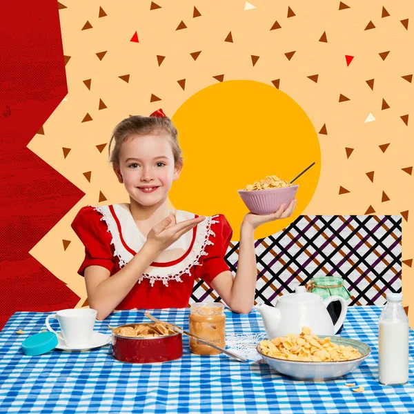 当代艺术拼贴 漂亮的小女孩 微笑着 在抽象的背景下吃着美味的麦片早餐 创意多彩的设计 食物流行艺术的概念 — 图库照片