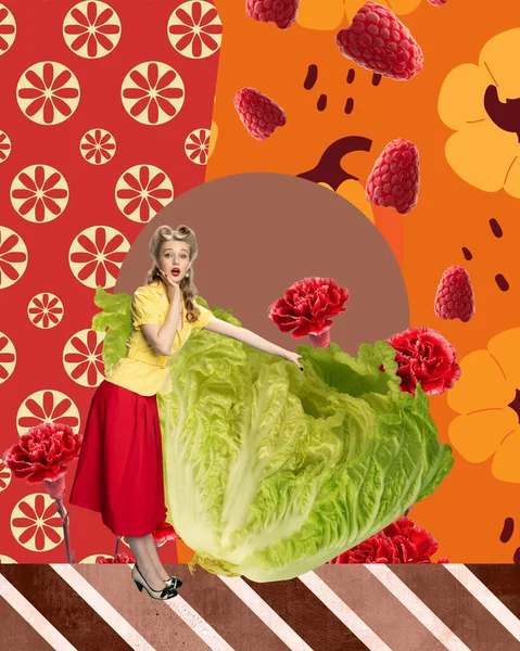 Contemporary Art Collage Pretty Young Blonde Girl Standing Giant Lettuce — Stock Photo, Image