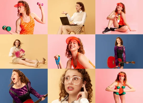 Collage Aus Porträts Von Schönen Emotionalen Mädchen Die Verschiedenen Kleidern — Stockfoto