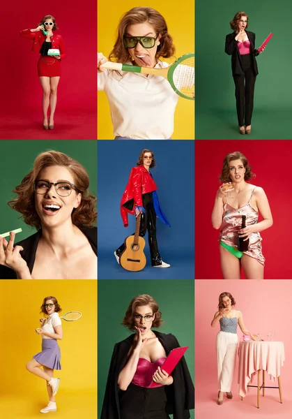 Collage Gemaakt Van Portretten Van Mooie Jonge Vrouw Stijlvolle Verschillende — Stockfoto
