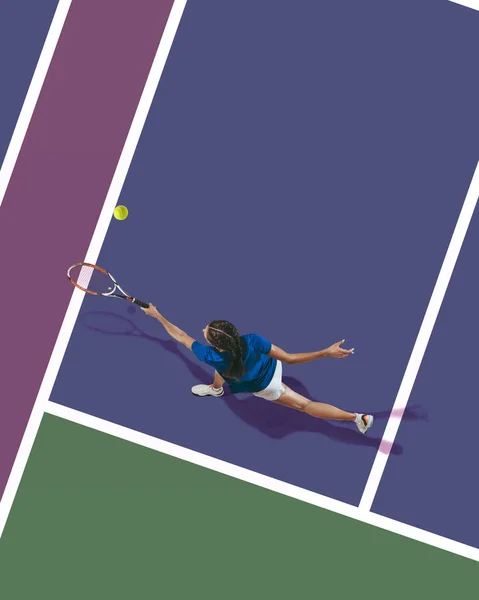 コラージュ 若い女の子のトップビュー画像 運動中のテニス選手 トレーニング 多色の裁判所に対して再生 マッチだ スポーツ アクティブライフスタイル アクションと運動の概念 — ストック写真