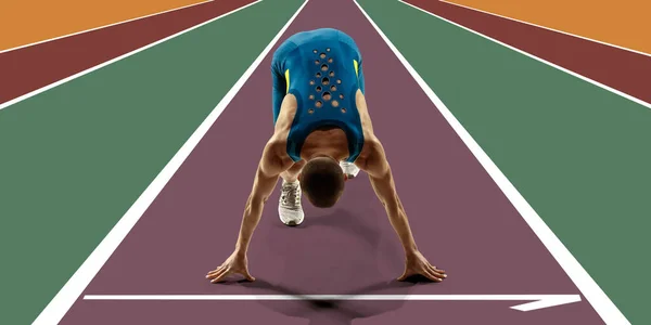 コラージュ プロの男性アスリート カラフルなマラソンスタジアムでのランナートレーニング 耐久性とスピード 準備だ スポーツ アクティブライフスタイル アクションと運動の概念 — ストック写真