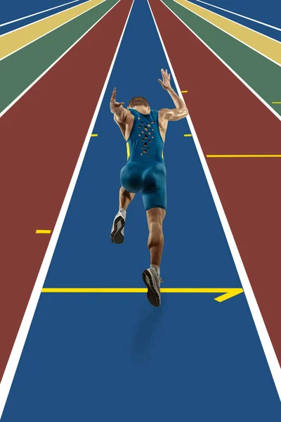 Kolaż Młody Muskularny Mężczyzna Zawodowy Sportowiec Biegnie Kolorowym Stadionie Maratońskim — Zdjęcie stockowe