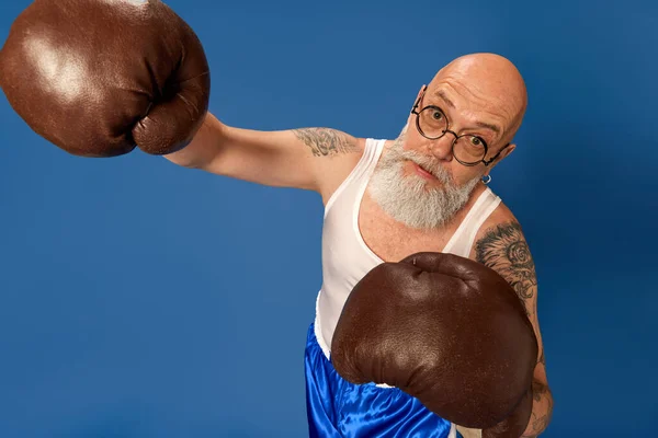Portrait Bald Bearded Mature Man Tattoos Sportswear Posing Vintage Boxing — Stock Photo, Image