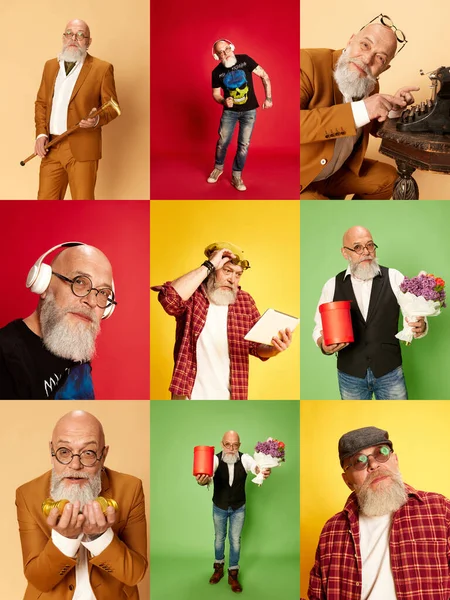 在五彩斑斓的背景下 用不同穿着 不同生活环境的成熟大胡子男子的肖像拼凑而成的学院 人类情感 生活方式 男性时尚 多样性的概念 — 图库照片