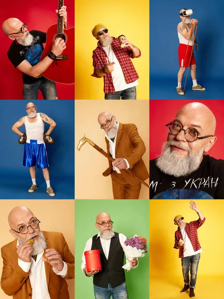 Collage Made Portrait Mature Bearded Man Different Clothes Life Situations — Stock Photo, Image