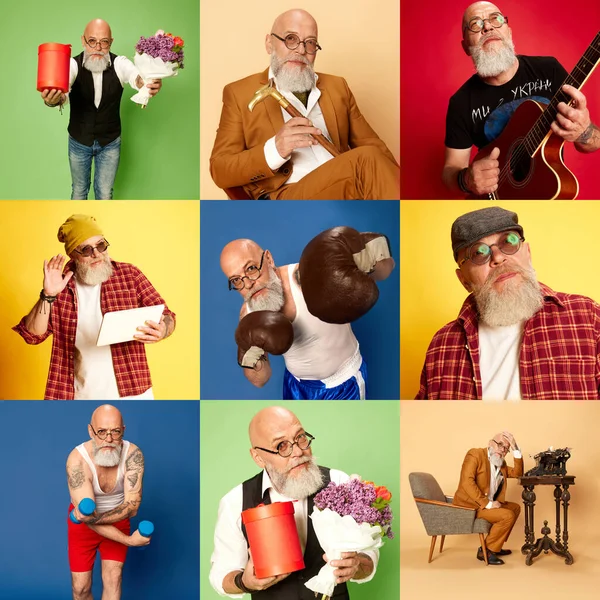 Collage Made Portrait Mature Bearded Man Different Clothes Life Situations — Stock Photo, Image