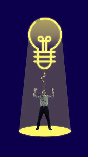 Generation Innovative Ideas Businessman Neon Colored Light Bulb Head Brainstorming — Stock Photo, Image