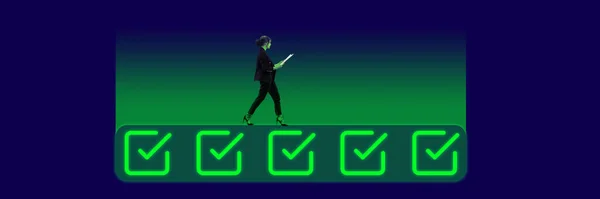 Businesswoman Walking Neon Colored Icons Check Marks Symbolizing Finished Tasks — Stock Photo, Image