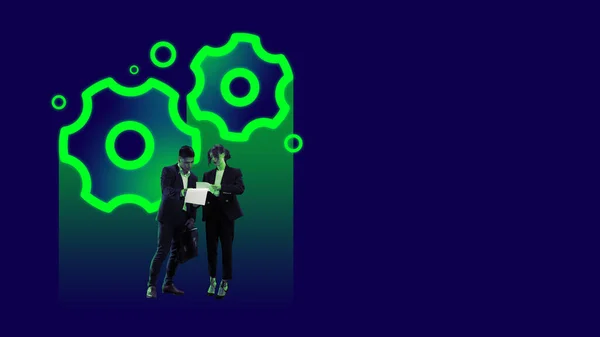Business People Colleagues Checking Documents Big Neon Gear Icons Symbolizing — Stock Photo, Image