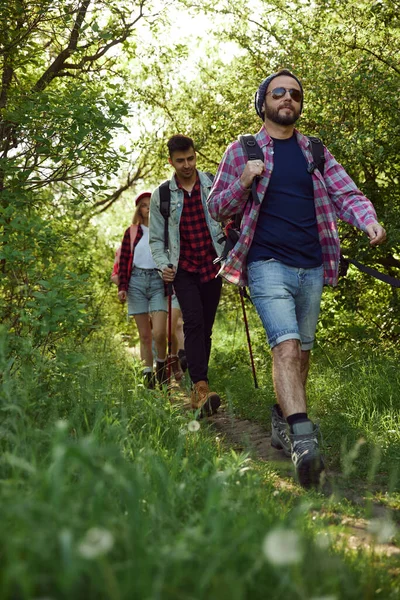 与朋友一起度过积极的闲暇时光 春天里 穿着休闲装的年轻人 男人和女人在森林里散步 积极生活方式 运动和业余爱好 友谊的概念 — 图库照片