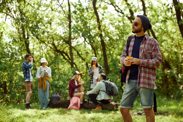 穿着格子衬衫戴太阳镜和朋友一起远足的年轻人 一群在森林里散步的年轻人 积极生活方式 运动和业余爱好 闲暇时间的概念 — 图库照片
