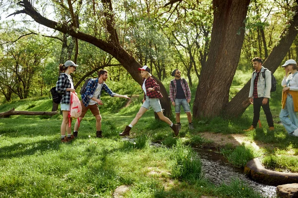 Young People Men Women Friends Going Hiking Walking Forest Jumping — Stock Photo, Image