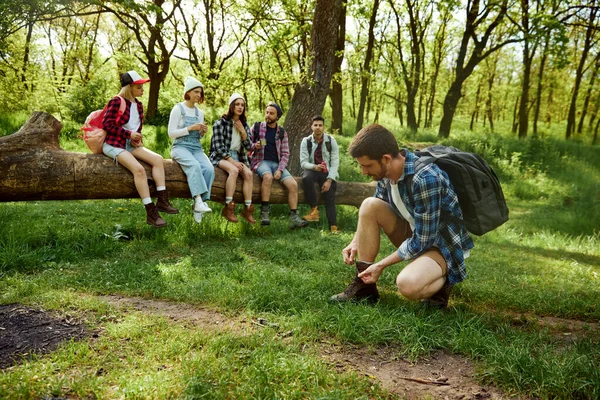 年轻人把鞋带捆起来 一群年轻人 朋友们在森林里休息 在温暖的阳光灿烂的日子里远足 坐在倒下的大树上 积极生活方式 业余爱好 友谊的概念 — 图库照片