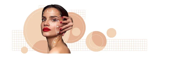 年轻女人的脸保持得很好用白色箭头 线条在上面 整形手术和美容注射 创意概念设计 化妆品 美容美发 化妆品概念 — 图库照片