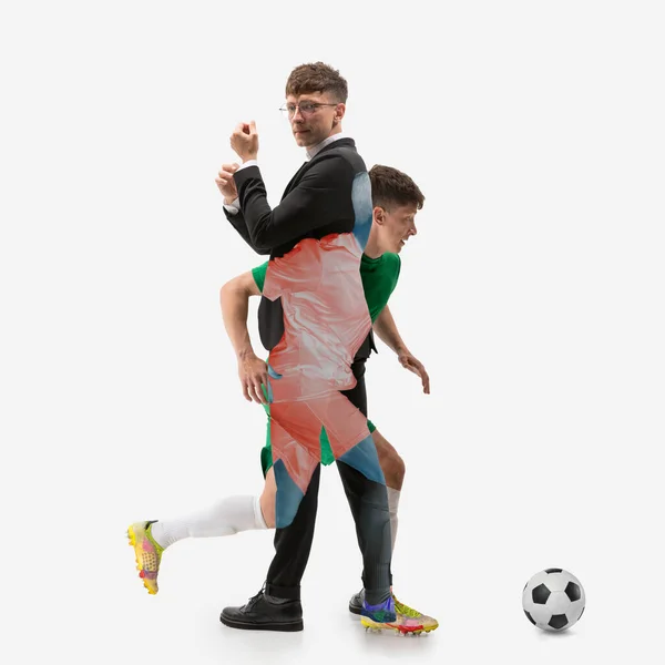 Empresário Vestuário Formal Jogador Futebol Ativo Uniforme Movimento Isolado Sobre — Fotografia de Stock