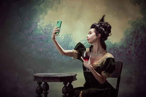 Portrait Young Beautiful Girl Princess Elegant Dress Taking Selfie Mobile — Stock Photo, Image