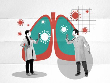 Doktorlar akciğerleri steteskopla kontrol edip inceliyor. Zatürree hastalığı ve virüs tedavisi. Çağdaş sanat kolajı. Tıp, sağlık, meslek, hastane, sağlık kontrolü kavramı