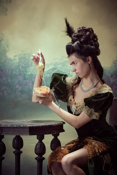 Portrait Young Emotional Girl Princess Retro Dress Eating Instant Noodles — Stock Photo, Image