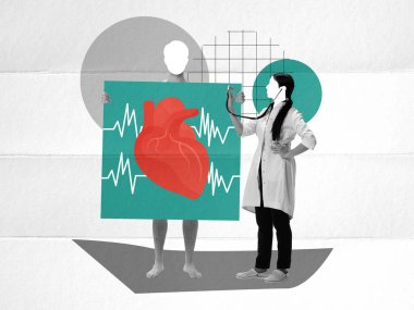 Doktor steteskopla erkek kalbini ölçüyor. Kalp atışı görüntüsü. Çağdaş sanat kolajı. Tıp, sağlık, meslek, hastane, kardiyoloji, kalp hastalıkları tedavisi kavramı