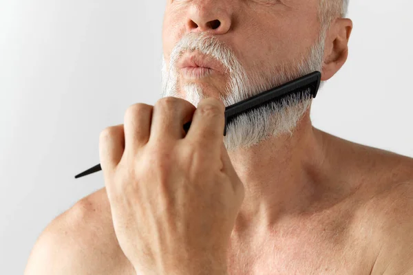 Portrait Handsome Mature Man Gray Hair Taking Care Beard Brushing — Stock Photo, Image