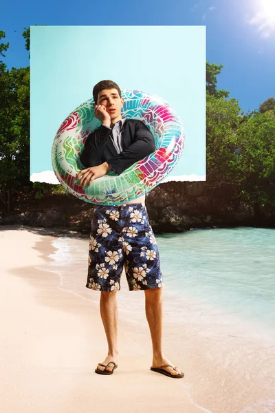 Sad Tired Man Employee Formalwear Swimming Suit Dreaming Baout Going — Stock Photo, Image