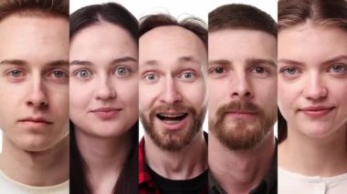 Kolaj. Video kaydı. Bir grup genç insan, kadın ve erkek kameraya bakıyor, gülümsüyor ve pozitif yüzler gösteriyor. Enfes. İnsan duyguları kavramı, yüz ifadesi, çeşitlilik