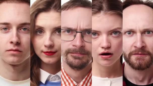 ビデオコラージュ 怒りといらいらした顔をした若者 男と女のグループ 迷惑とストレス 人間の感情 多様性の概念 — ストック動画