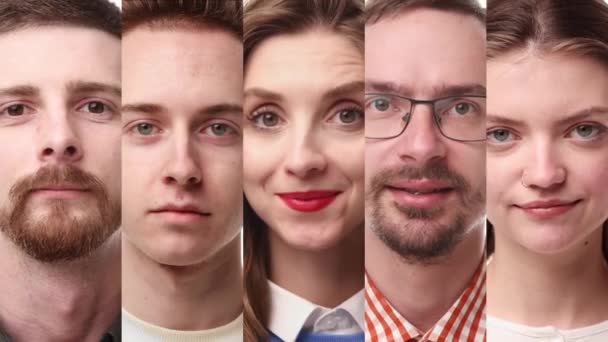 大学生活 一群年轻人 男人和女人看着镜头 面带微笑 表情沉着 面带微笑 人类情感 面部表情 多样性 感情的概念 — 图库视频影像