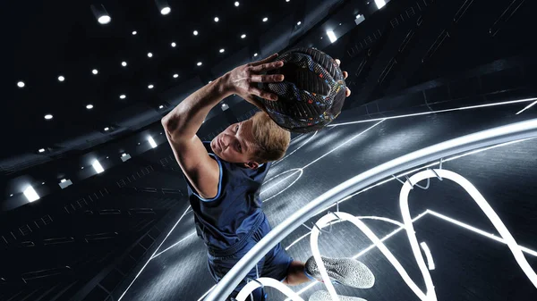 Dynamisch Beeld Van Jonge Man Basketbalspeler Beweging Gooien Bal Mand — Stockfoto
