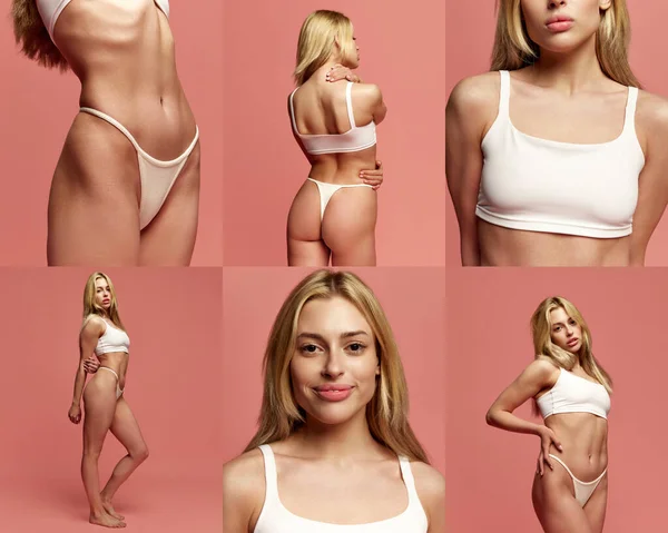 Collage Aus Bildern Schöner Junger Blonder Frau Mit Durchtrainiertem Schlankem — Stockfoto