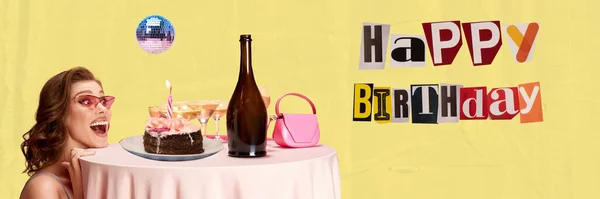 兴奋的年轻女孩庆祝生日 喝鸡尾酒 吃蛋糕和许愿 当代艺术拼贴 庆祝和聚会的概念 快乐和欢乐 明信片的设计 — 图库照片