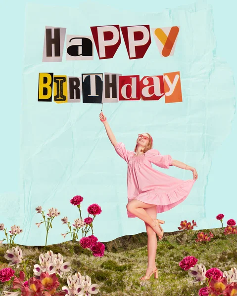穿着节日粉红衣服的小女孩欢快地庆祝着她的生日 当代艺术拼贴 庆祝和聚会的概念 快乐和欢乐 明信片的创意设计 — 图库照片
