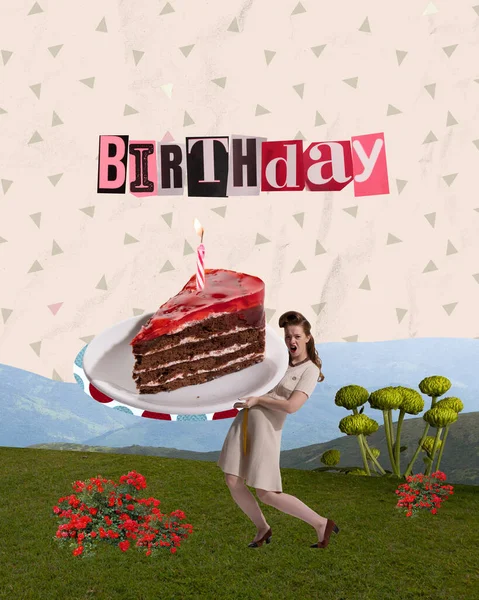 小女孩拿着巨大的蛋糕和蜡烛 准备生日礼物 当代艺术拼贴 庆祝和聚会的概念 快乐和欢乐 明信片的创意设计 — 图库照片