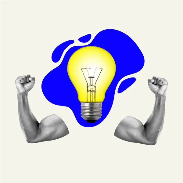 Power in creativity. Human hands with muscles and light bulb symbolizing creative ideas for project development. Contemporary art collage. Concept of teamwork, business, office, occupation, success