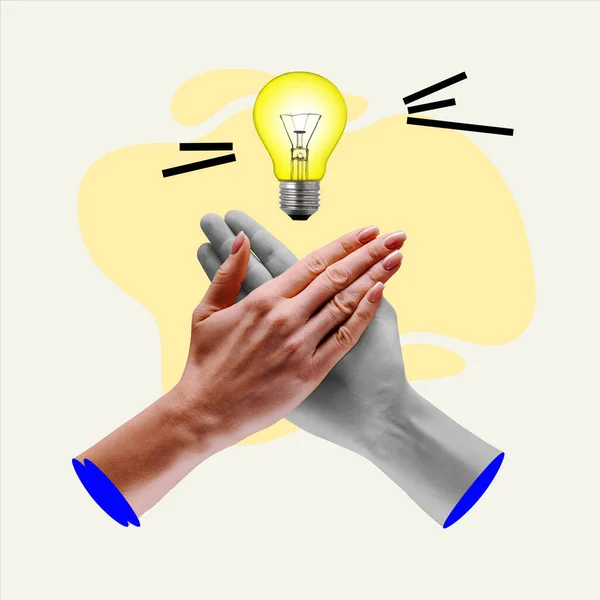Hands Giving High Five Light Bulb Assistance Colleagues Achievement Brainstorming — Stock Photo, Image